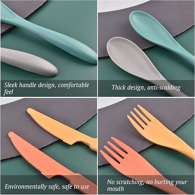 Knives Spoons and Forks Set, Wheat Straw Cutlery Set, Reusable Flatware Set for 4, Utensils for Party, Travel, Work, Picnic, Camping or Daily Use (Dark green, Orange, Yellow, Grey)