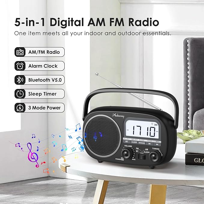 Portable Radio AM FM with Bluetooth,Built-in Rechargeable Battery/Plug in Wall/4*D Cell Battery Operated, Digital Time Display, Transistor Radio for Home,Outdoor,Gift,Seniors Space Black