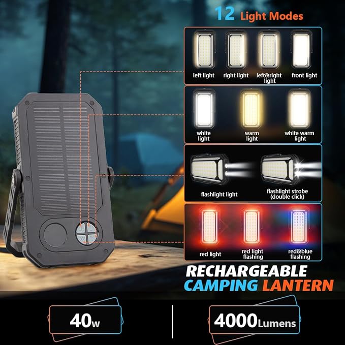 LED Camping Lantern Rechargeable, 10000mAh Portable Camping Lights up to 120+ Hours, 12 Light Modes, Dimmable, LCD Digital Display, Waterproof, Camping Essentials for Power Outages, Emergency
