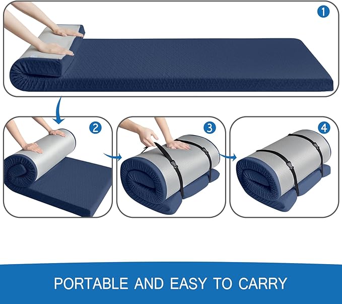 Memory Foam Camping Mattress Pad 3 Inch Thick, Portable Sleeping Pad with Waterproof Cover, Portable Roll Up Cot Mattress Pad Floor Mat for Travel Truck Bed Tent 72" x 24"x 3"
