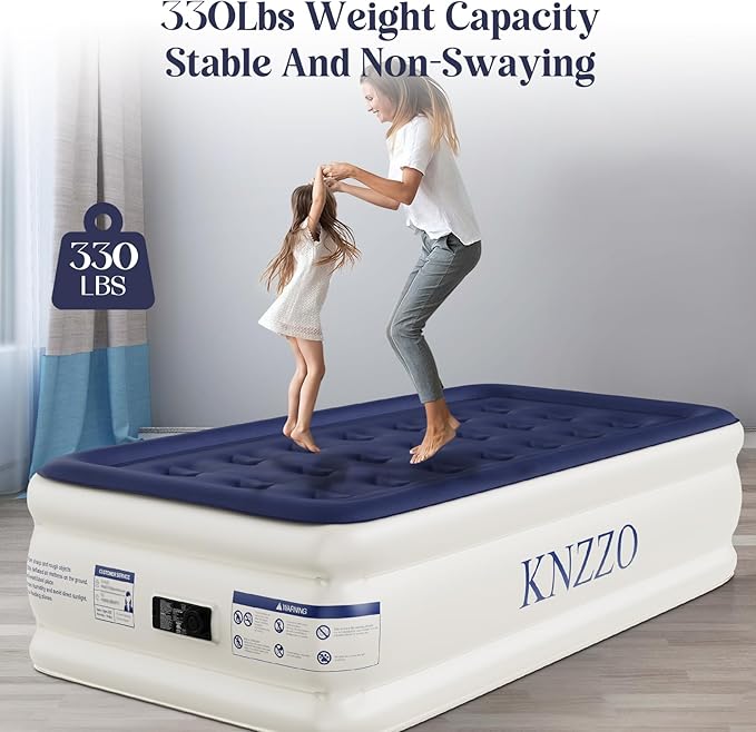 KNZZO Air Mattress Twin with Built-in Pump, Blow Up Mattress with Soft Flocked Top, Leakproof Inflatable Mattress, Foldable Waterproof Air Bed for Home, Guests, Camping, with Storage Bag