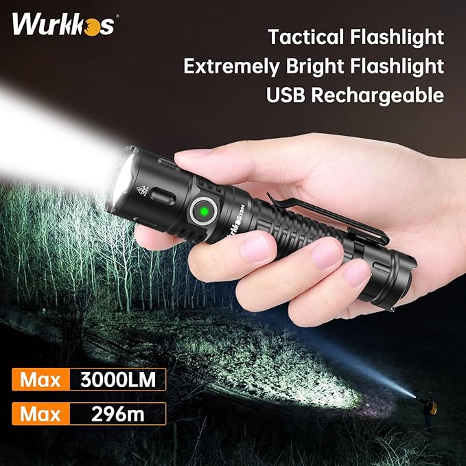 Wurkkos TD04 Tactical Flashlight,3000 Lumens USB-C Rechargeable LED Flashlight,IP68 Waterproof Dual Switch EDC Flashlight Emergency with Easy Operation for Camping Hiking Flashlight