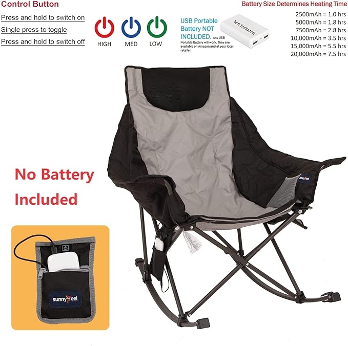 SUNNYFEEL Oversized Heated Rocking Camping Chair, Fully Padded Patio Chair with Side Pocket, High Back Portable Lawn Recliner with Carry Bag, Outdoor Rocker Camp Chair for Adults Heavy Duty 500 LBS