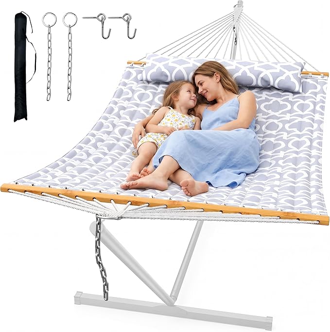 ANAGOO Double Quilted Outdoor Hammock for 2 Adults, 500lb Capacity Backyard & Camping Hammock with Pillow and Bamboo Spreader Bar, Fits 11–15ft Hammock Stands (Stand Not Included),White Gray