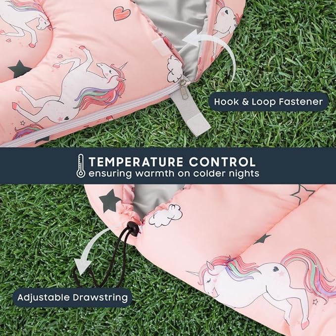 Wake In Cloud - Kids Sleeping Bag for Girls Toddlers, Camping in Warm Cold Weather, Backpacking Lightweight Compact Outdoor Liner for 3 Seasons, Unicorns Stars Hearts