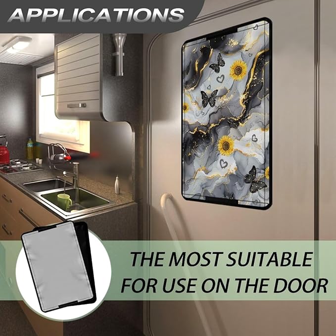 RV Door Window Shade Cover, Black Marble Sunflower Lightweight Camper Car Sunshade Privacy Window Cover, UV Rays Protection for Outdoor Camping Travel