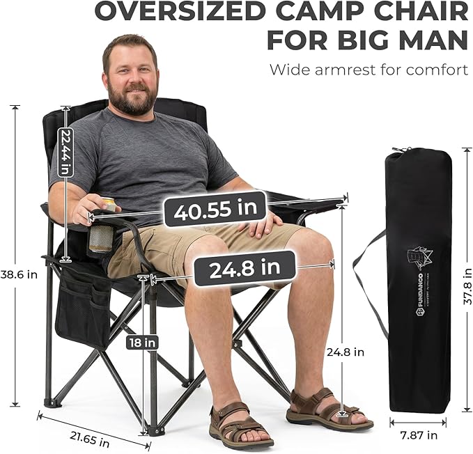 FUNDANGO Oversized Camping Chair for Adults, Heavy Duty Portable Foldable Lawn Chair with Padded Seat & Back, Lumbar Support, 4-can Cooler & Cup Holder, Carry Bag Included for Outdoor