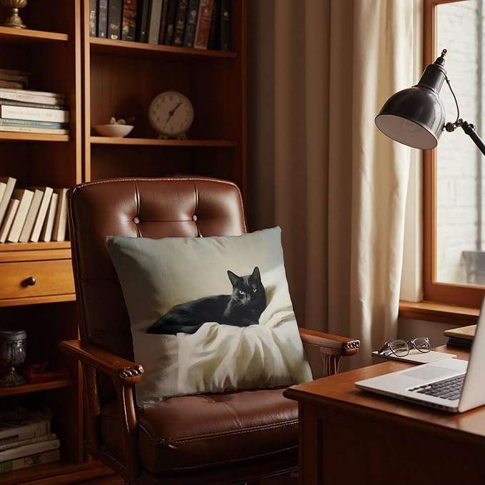 Vintage Black Cat Pillow Covers 18x18, Cat Home Room Decor, Rustic Neutral Black Cats Snuggled in Blanket Decorative Throw Pillow Covers for Home Bedroom Living Room
