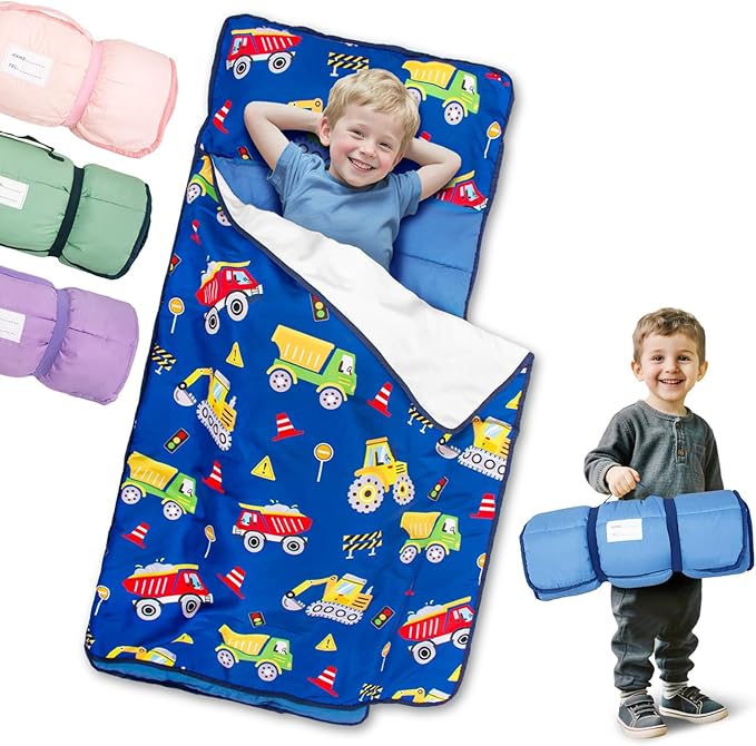 Primlect Lightweight Toddler Nap Mat, Portable Rolled Design Perfect for Daycare Travel, 51”x31 All-in-One Sleeping Bag with Removable Pillow and Fleece Blanket for Boys Girls, Machine Washable
