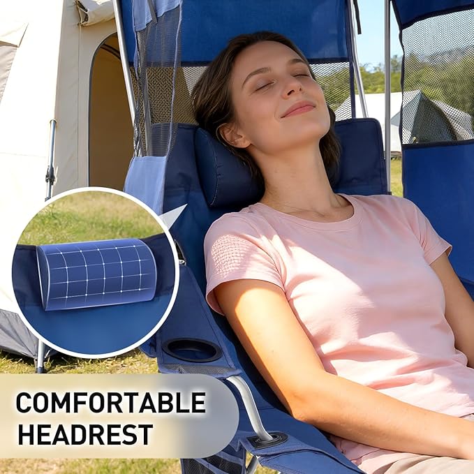 East Oak Reclining Camping Chair with Canopy & Foot Rest | 4-Position Folding Beach Chair with Adjustable Canopy, Detachable Foot Rest, Supportive Headrest, 330 lbs Canopy Chair