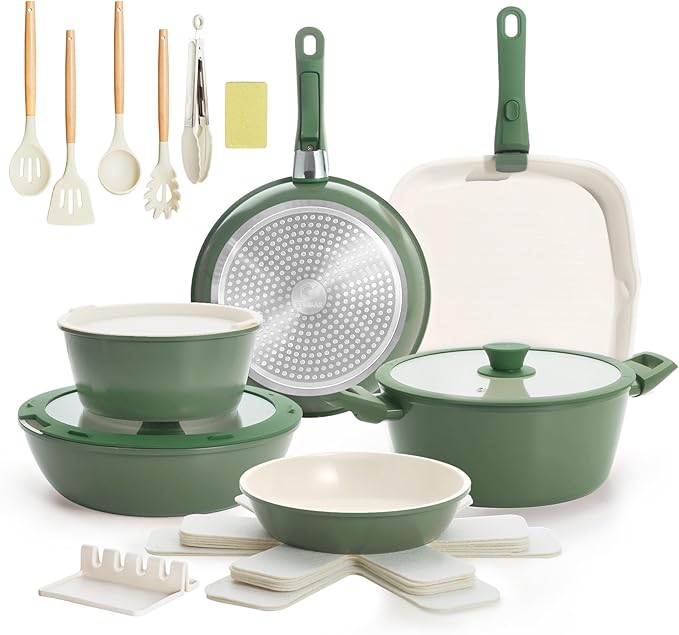 BECIGAR 23pcs Ceramic Pots and Pans Set, Nonstick Detachable Handle Cookware, Induction Kitchen Cooking Set with Removable Handle,include Frying Pans & Saucepans Oven Safe(Green)
