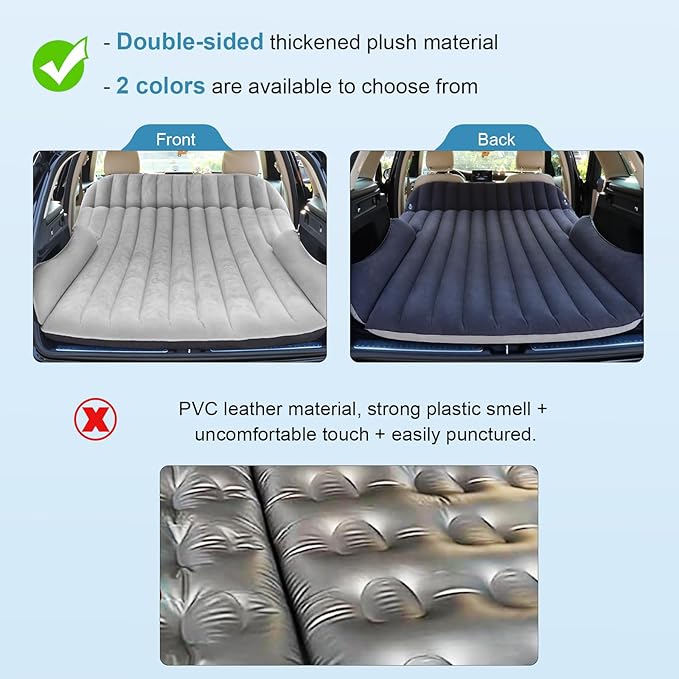 Ciremiv SUV Air Mattress with Double-Sided-Thick Flocked,Car Mattress with Pump & Pillow,Leakproof Durable Car Air Mattress,Car Bed for Auto Camping,Road Trip，Double-Sided Flocking（Black+Grey）