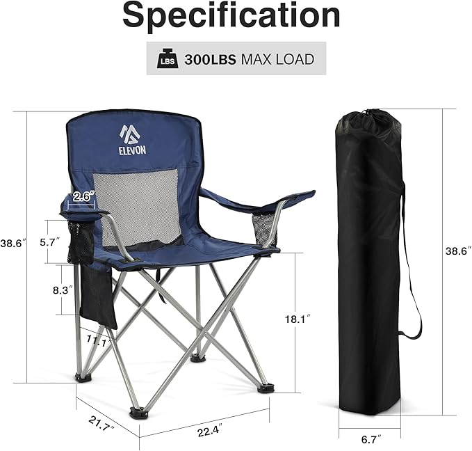 Elevon Camping Chair, Portable Folding Outdoor Chair with Arms, Cup Holder and Carry Bag