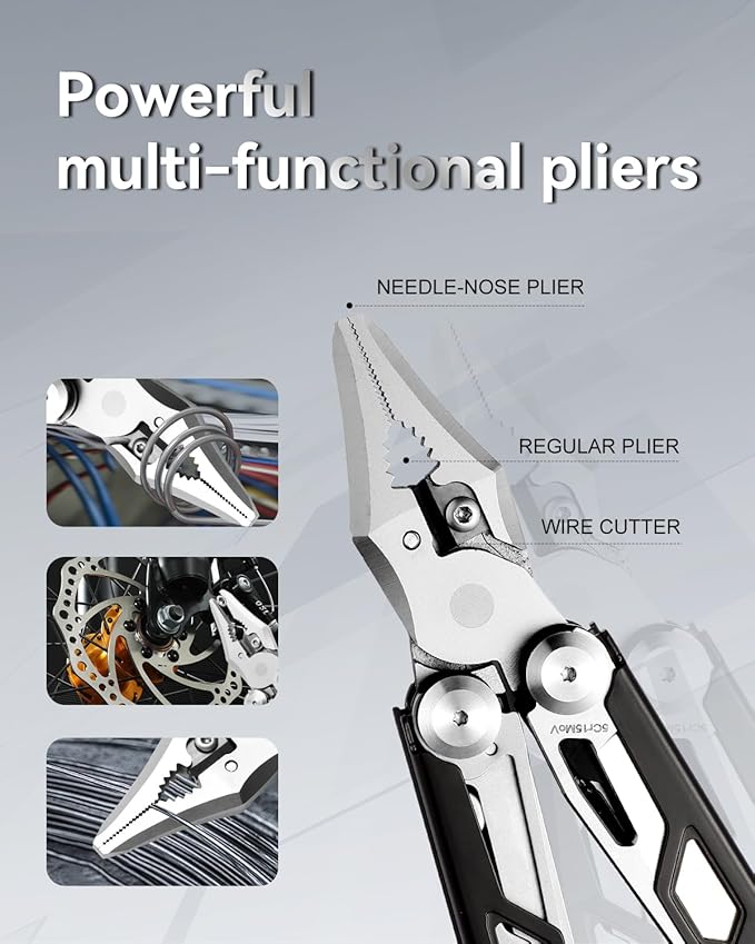 Multitool 15-in-1 Stainless Steel Multi Tool Pliers with Knife, Spring-Action Pliers and Scissors, Multitool for Survival, Camping, Hiking, Gifts for Men (Black)