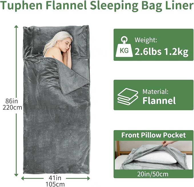 Tuphen Flannel Sleeping Bag Liner, XXL Fluffy Adult Sleeping Sack with Hidden Zipper for Warm or Cold Weather, Thick Travel Sheets for Hotel,Camping,Backpacking,Traveling & Dirty Proof,Gray,86 x 41‘’