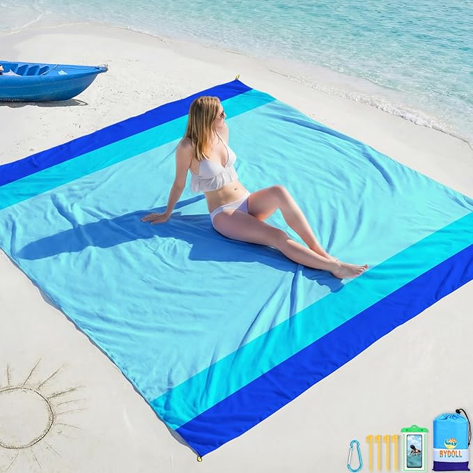 BYDOLL Beach Blanket Waterproof Sandproof Large Sand Free, 78''X81'' Oversized Sandless Lightweight Blanket Picnic Mat for Beach Travel Camping Hiking with Stakes