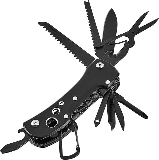 Amazon Basics 15-in-1 Stainless Steel Multitool Pocket Knife with Sheath for Hiking, Camping, Survival, Black, Pocket Size