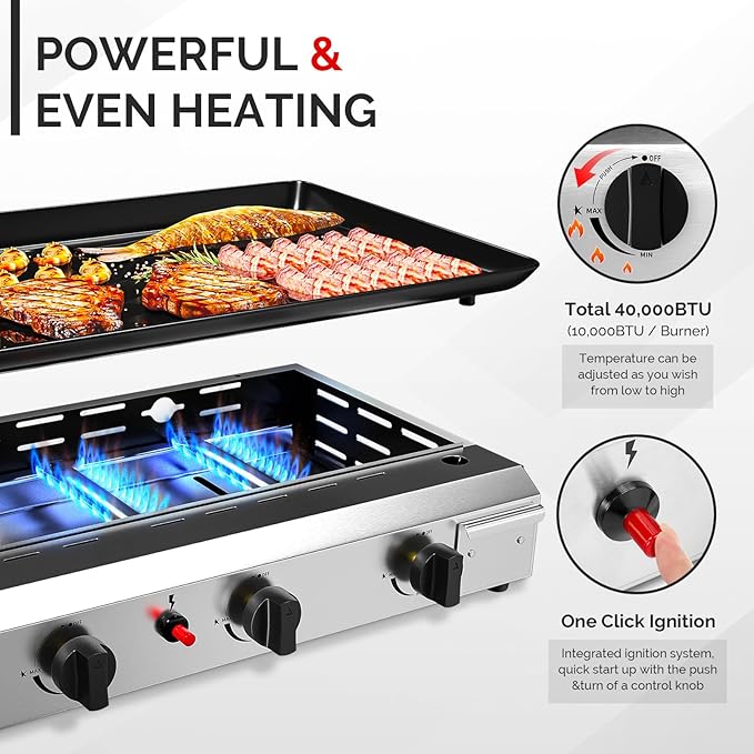 ROVSUN 4 Burner Portable Propane Griddle with Nonstick Enameled Tray, 40000 BTU Rolling Flat Top Gas Grill with Electronic Ignition, Side Shelves & Regulator for Outdoor Cooking Camping BBQ Tailgating