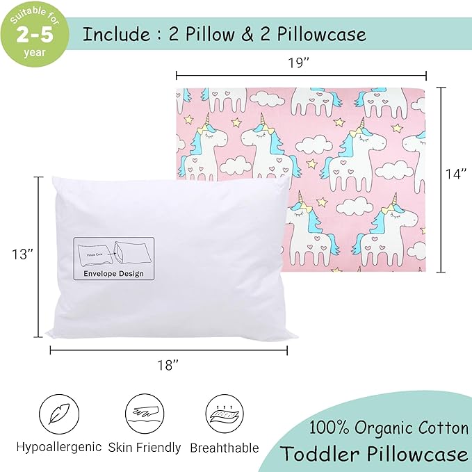 ZPECC Toddler Pillow with Pillowcase 2 Pack - 13x18 Organic Cotton Hypoallergenic Kids Pillow, Baby Essentials for Travel Crib Daycare Stroller (Intended for Age 2 and up) Pink Unicorn