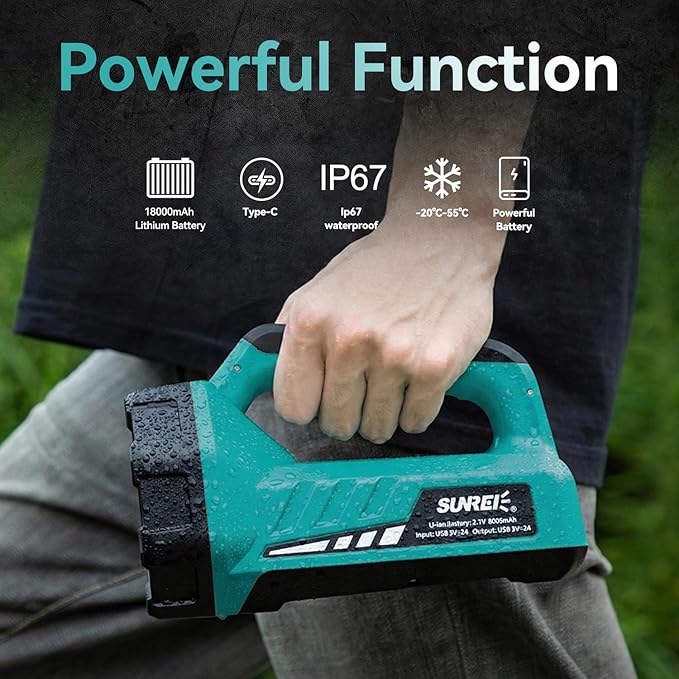SUNREI Rechargeable LED 2000LM Flashlight, 8 Light Modes Portable Camping Lantern, 18000mAh Power Bank, IP67 Waterproof for Emergencies Power Outages, Hurricane Emergency, Hiking, Home, etc