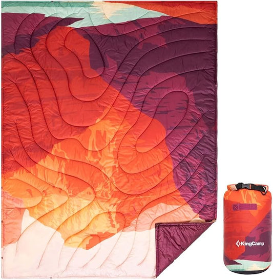 KingCamp Ultralight Camping Blanket, Packable Down Alternative Puffy Printed Wearable Blanket with Snap Buttons & Corner Loops Weatherproof Quilt for Outdoor Travel Stadium (78.7"L x 57.1"W, ORANGE)