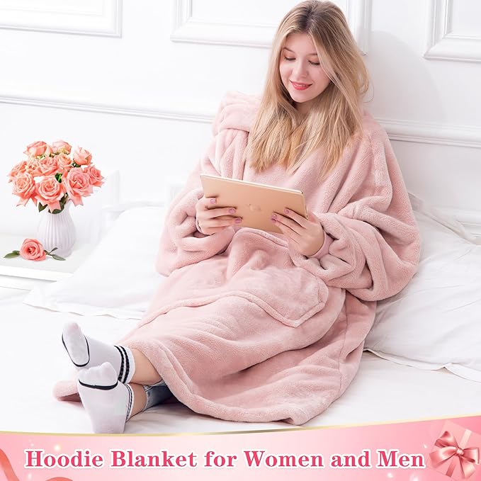 Waitu Wearable Blanket Sweatshirt Gifts for Women and Men, Super Warm and Cozy Giant Blanket Hoodie, Thick Flannel Blanket with Sleeves and Giant Pocket - Pink