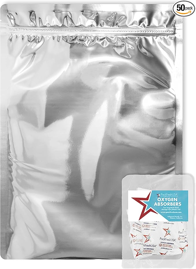 PackFreshUSA: Gallon 10" x 14" AirTight Seal-Top Mylar Bags – 500cc High-Capacity Oxygen Absorbers - Long-Term Food Storage - Heat Sealable - 50 Pack