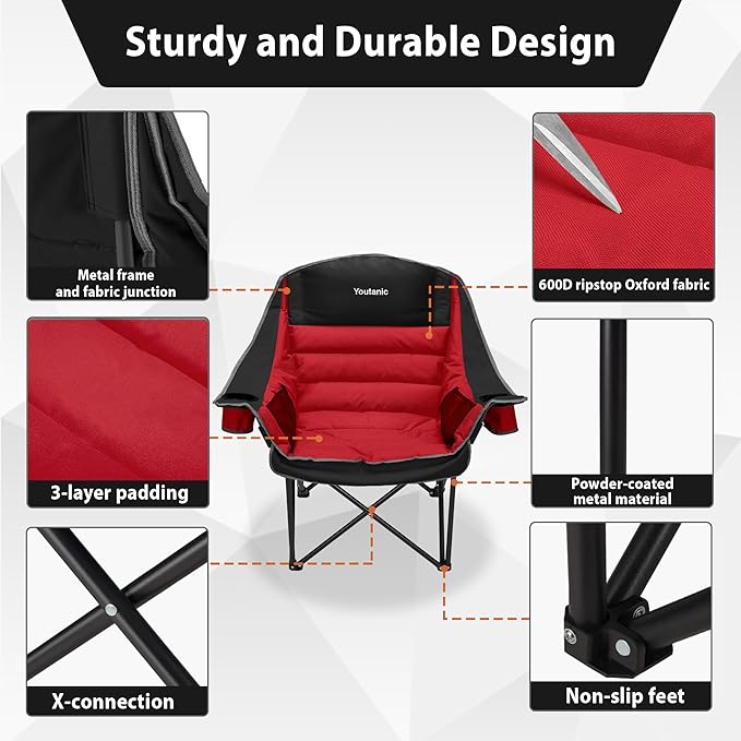 Youtanic Oversized Camping Chair, Portable Folding Camping Chairs with Side Pocket, Cup Holder and Carry Bag, Heavy Duty Outdoor Camping Chairs for Adults, Fishing, Sports, Trip, up to 400lbs, Style 5