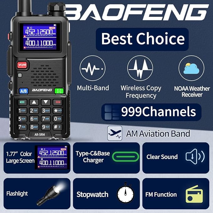 Baofeng Radio Ham Radio Handheld Long Range Rechargeable AR-5RM 10W NOAA Emergency Tactical Two Way Radio with Programming Cable,USB-C Charging for Survival Gear Hunting Camping,2 Pack