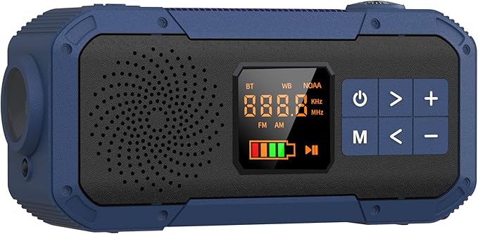 Hand Crank Emergency Radio with Bluetooth,AM/FM/NOAA,2000mAh Backup Battery,Solar & USB Power,Weather Radios for Home,IPX5 Waterproof,Shock-Resistant,with Flashlight and SOS for Camping Survival
