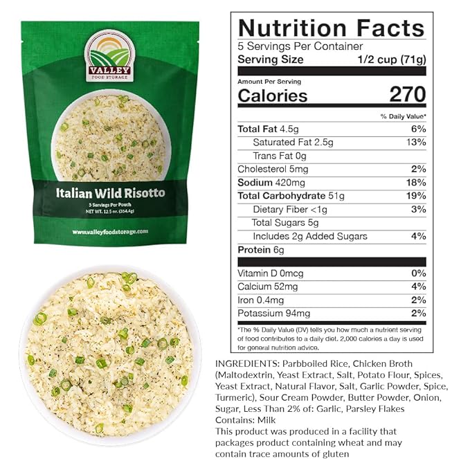 Valley Food Storage Italian Wild Risotto | 10-Bag Bucket, 50 Servings | Premium Emergency Food Supply, 25 Year Shelf Life | Survival Meal Kits, Prepper Food, Camping & Off-Grid Living | Packaged in USA