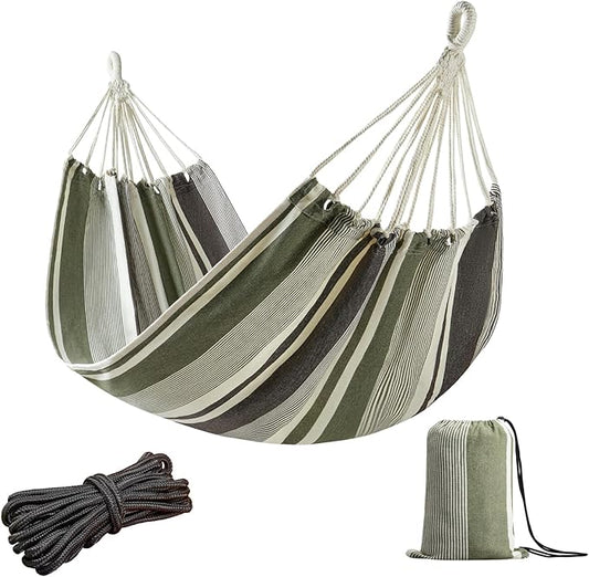 JoyView Brazilian Hammock for Single Person Portable Hammock with Hanging Ropes & Carry Bag Large 78.8x39.4” for Patio 300LBS Capacity Perfect for Outdoor/Indoor - Green Grey Stripes