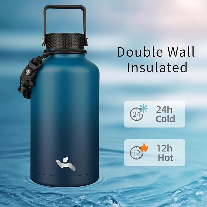 Konokyo Half Gallon Insulated Water Bottle with Straw,64 oz 3 Lids Water Jug with Carrying Bag,Paracord Handle,Double Wall Vacuum Stainless Steel Metal Flask,Indigo Black