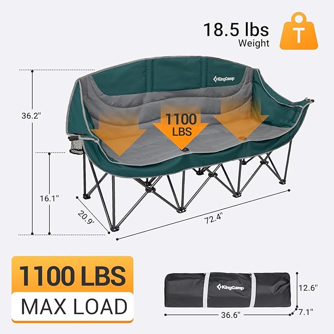 KingCamp 3 Person Camping Chair, Oversized 1100lbs Heavy Duty Loveseat for Adults Portable Folding XL 2 Person Couch Padded Comfortable Three Seat with Cup Holder for Outdoor Lawn Backyard, Green/Grey
