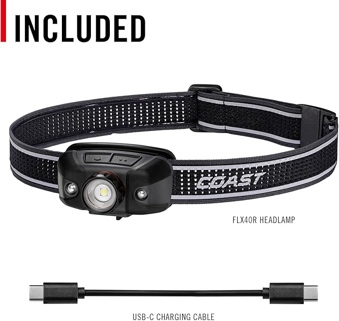 Coast FLX40R 800 Lumen Built-in Rechargeable Battery LED Headlamp with Twist Focus Lens Ultra Strap