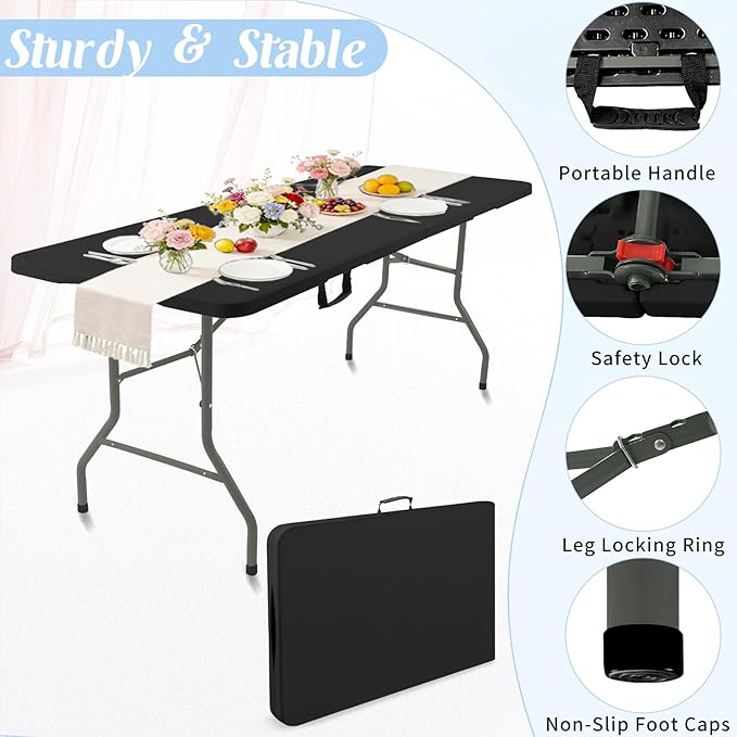 Fivenl 5 Feet Portable Folding Table Black, Steel Legs Fold-in-Half with Carrying Handle Rectangular Plastic Foldable Table for Party, Wedding, Camping, Picnic, Dining, Indoor Outdoor Events