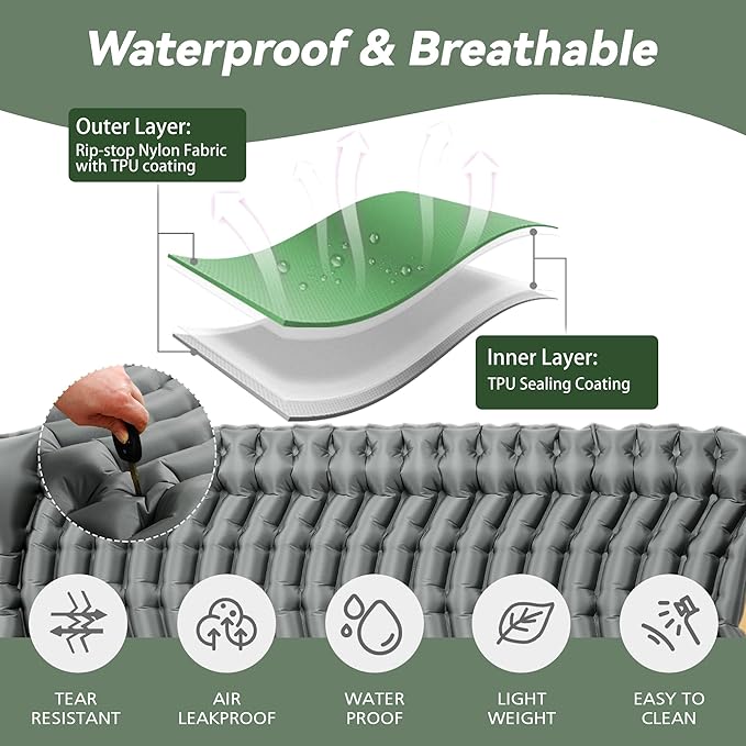 Double Sleeping Pad for Camping - Ultralight Air Mattress with Pillows, Built-in Foot Pump, Compact Inflatable 2-Person Portable Mat for Backpacking, Hiking, Tent, Car Travel, Beach，Road Trip