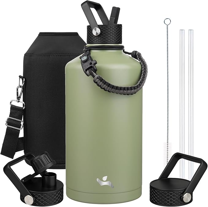 Konokyo Gallon Insulated Water Bottle with Straw,128 oz 3 Lids Water Jug with Carrying Bag,Paracord Handle, Double Wall Vacuum Stainless Steel Metal Flask,Camp Green