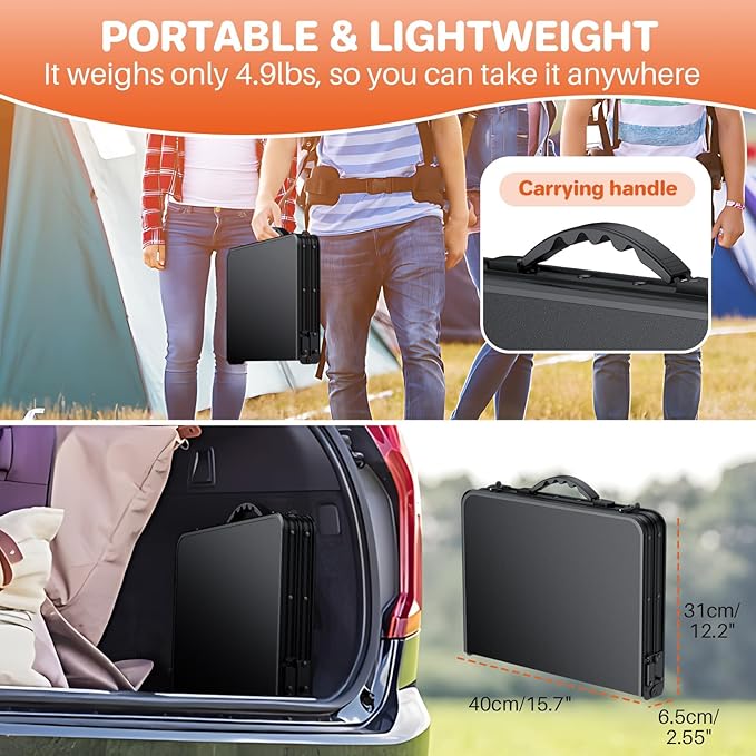 FUNYKICH Camping Table with Plastic Tabletop L22.8''xW15.7'', 3 Height Adjustable Small Folding Table, Lightweight Aluminum Portable Picnic Table with Carry Handle for Camping, Beach, Picnic, Black