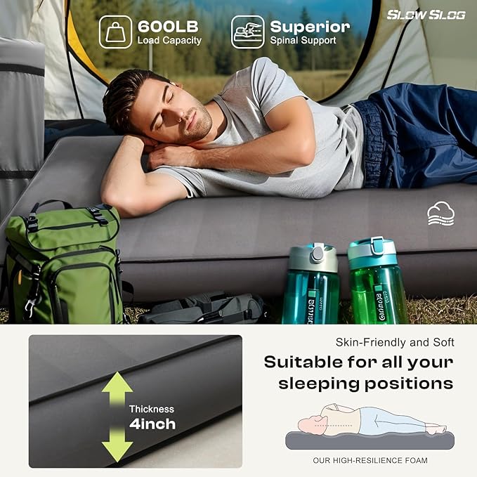 Self-Inflating Sleeping Pad with Portable Electric Air Pump, 4in Thick Memory Foam Camping Mattress for Tent Cot & Car Travel, Fast Inflate & Deflate Camping Pad, Gray