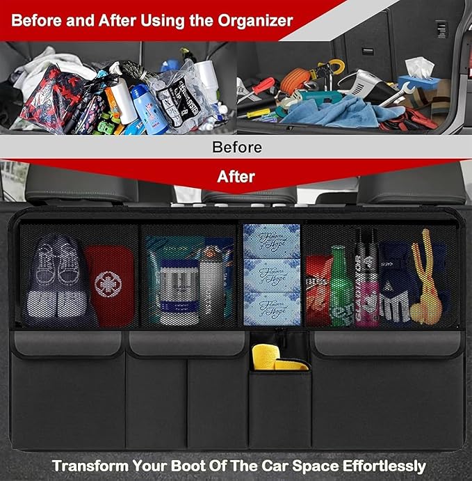 Car Trunk Organizer with 9 Large Pockets, Car Storage Organizer for SUV/MPV/Truck, Space Saver Travel Accessories (Black)