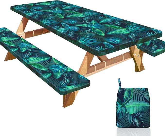 Picnic Table Cover with Bench Covers Portable Table Cloth Built-in Storage Pocket Fitted Tablecloth with Elastic Edges Waterproof Camping Essentials for Indoor Outdoor Rv,72in,Teal