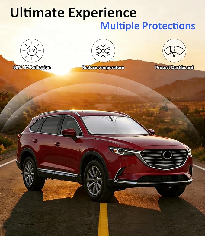 Windshield Sun Shade for Mazda CX9 2016-2026 Accessories, Car Front Window Sun Visor & Heat Shield | 240T Sunshade Protection Blocks UV Rays Keep Your Car Cooler