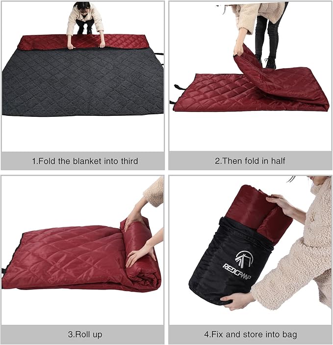 REDCAMP 79"x79" Winter Outdoor Blanket with Sherpa Lining, Waterproof & Windproof Cold Weather Blankets, Extra Thick Warm Blanket for Camping Stadium Car Dog, Machine Washable Portable Red