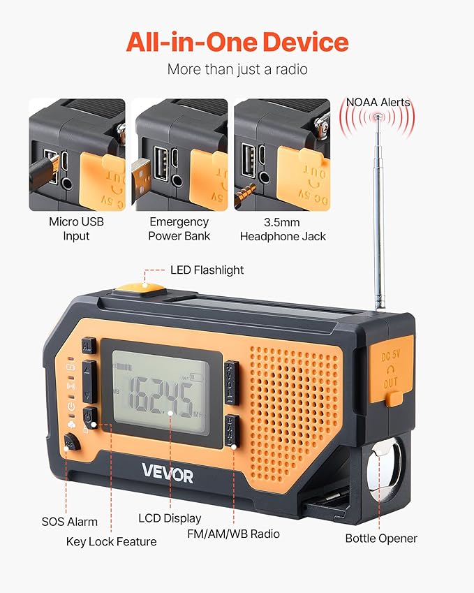 VEVOR Emergency Weather Radio, 2000mAh Battery, FM/AM/WB/NOAA Alert Solar Hand Crank Emergency Radio, with USB Charging Cable, SOS Alarm and Flashlight, Portable for Outdoor Emergencies, Camping