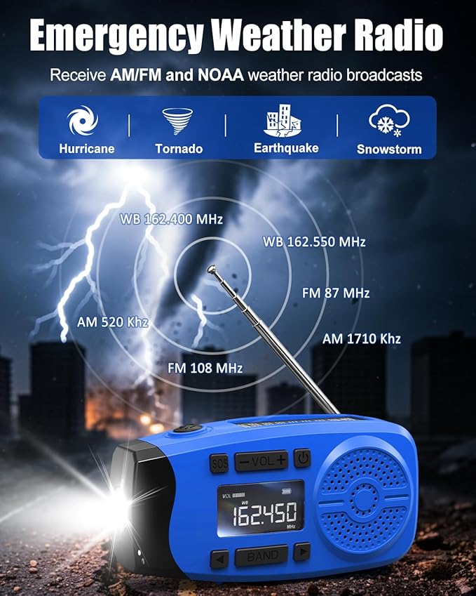 Runningsnail Emergency Weather Radio, 7400mWh Hand Crank Emergency Radio with LCD Display, Support Weather Alert Radio, USB/Solar/Hand Crank,1W Flashlight&SOS Alarm for Outdoor&Home Emergency (Blue)
