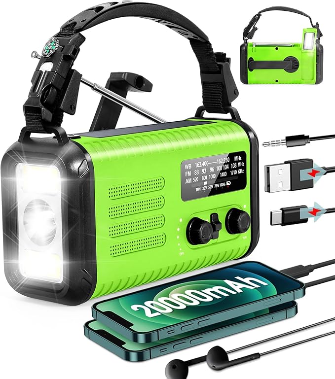 20000mAh/ 74000mWh Emergency Hand Crank Radio, AM/FM/NOAA Portable Weather Radio, Battery Powered Solar Radios with USB Phone Charger, Reading Lamp Flashlight & SOS for Emergency/Hurricane/Home
