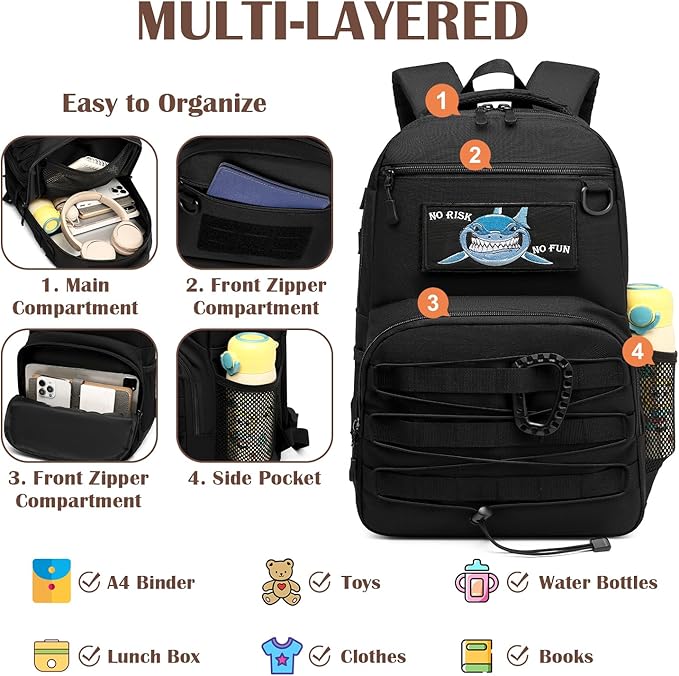 Kids Tactical Backpack Army Molle Bookbag Military Boys Backpack for School, Outdoor, Travel, Camping, Black