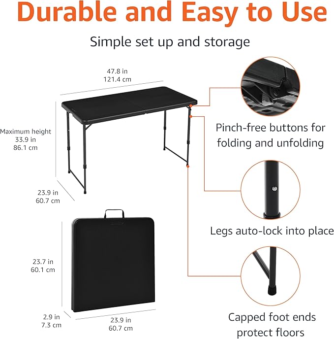 Amazon Basics Portable 4 Ft Rectangular Folding Dining Table, 4 Adjustable Height Settings, Space Saving Fold-in-Half Design and Carrying Handle, Indoor & Outdoor, Washed Black, 47.8 x 23.9 x 33.9 in