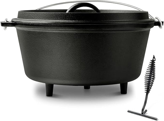 10 QT Pre-Seasoned Cast Iron Camp Dutch Oven with Lid, Large Camping Dutch Oven Pot with Tripod Stand, incl. Lid Lifter - Dual Handles - for Outdoor Campfire, Grill, Oven&Stovetop Cooking - Black